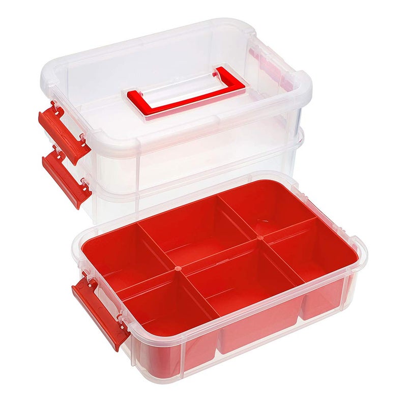 JUXYES 3-Tiers Stack Carry Storage Box With Divided Tray, Transparent Stackable Storage Bin With Handle Lid Latching Storage Container for School & Office Supplies (Red) - Image 3